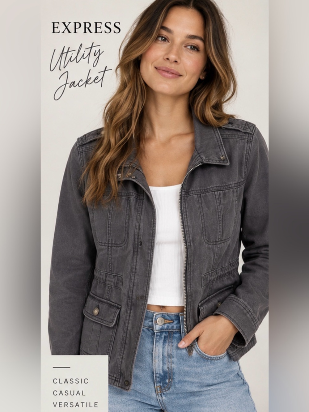 Express Charcoal Gray Utility Jacket Zip Front Size Small S/P